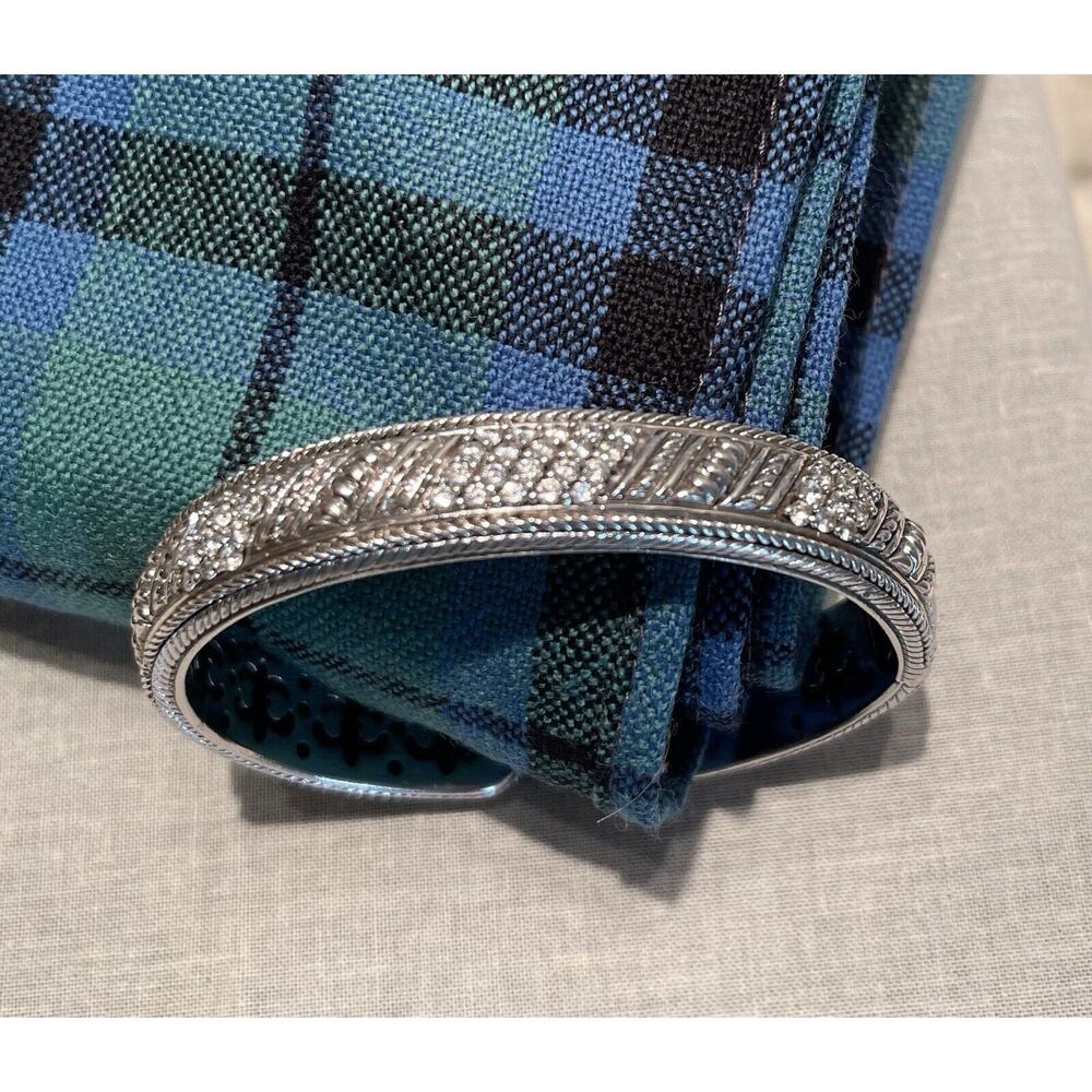 Judith Ripka Sterling Silver Pavé CZ Stone Hinge Cuff Bangle Bracelet 1/2" Wide
